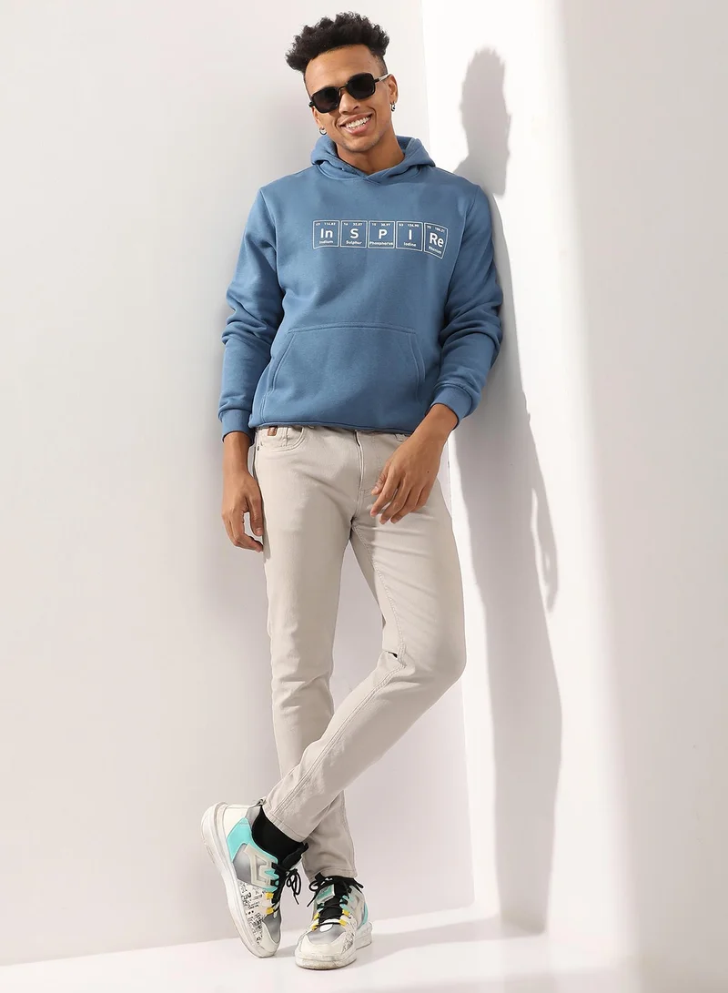 Campus Sutra Men's Blue Inspire Hoodie With Kangaroo Pocket