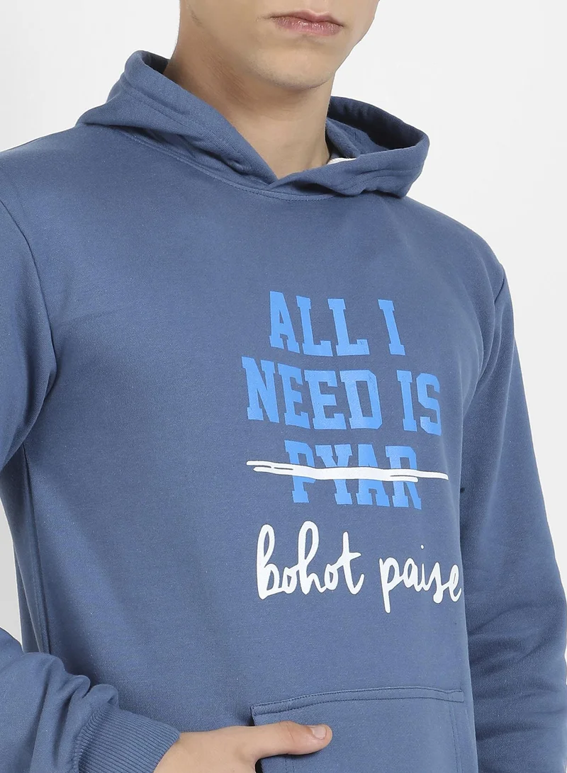 Campus Sutra Men's Blue Inspire Hoodie With Kangaroo Pocket
