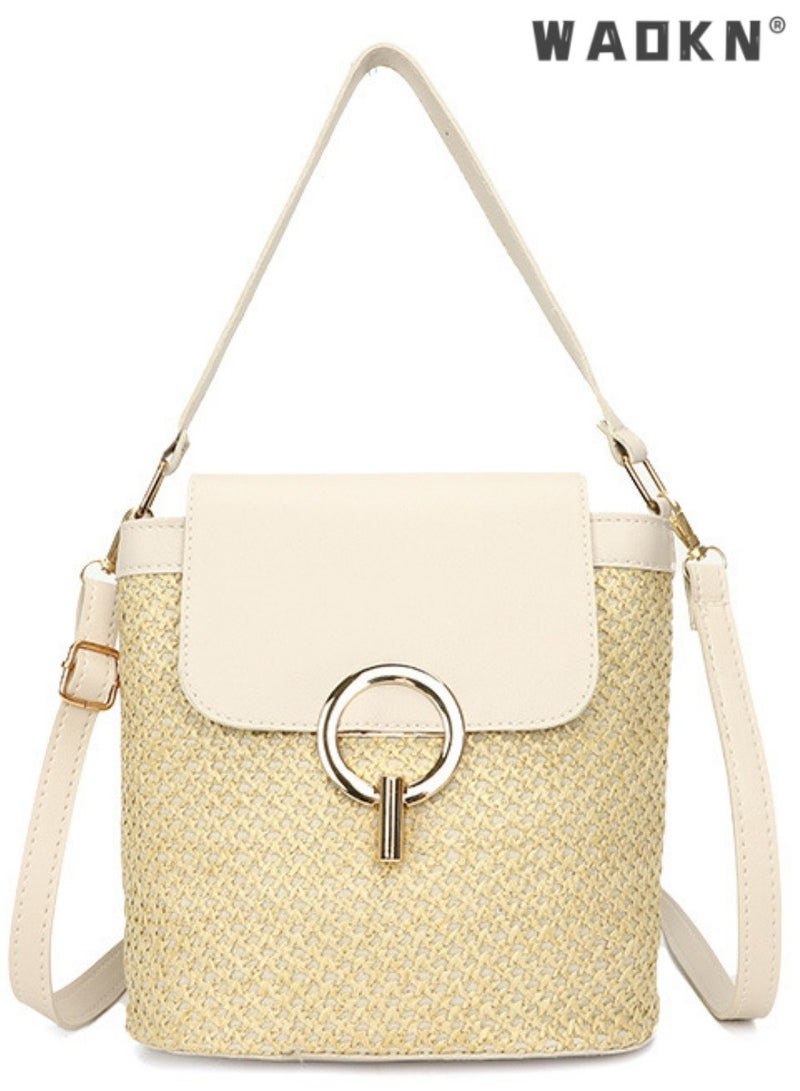 WAOKN Small Straw Bucket Bags for Women Bag, Handmade Handbag Tote Purse,Handle Holiday Shoulder Bag,Summer Beach Bag,Lady Travel Purses and Handbags,Female Shoulder Simple Bag,Suitable for Women Girl Gift  - Image 1