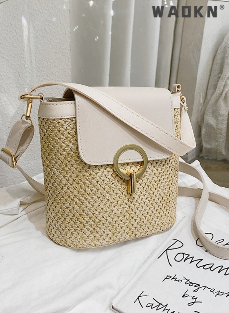 WAOKN Small Straw Bucket Bags for Women Bag, Handmade Handbag Tote Purse,Handle Holiday Shoulder Bag,Summer Beach Bag,Lady Travel Purses and Handbags,Female Shoulder Simple Bag,Suitable for Women Girl Gift  - Image 3