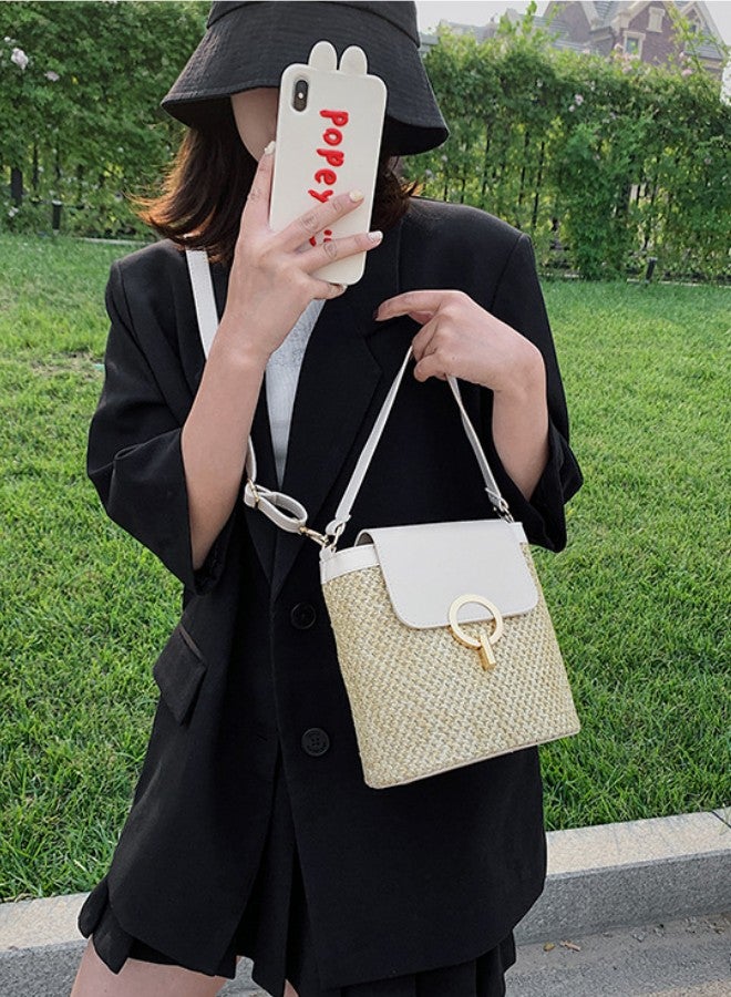WAOKN Small Straw Bucket Bags for Women Bag, Handmade Handbag Tote Purse,Handle Holiday Shoulder Bag,Summer Beach Bag,Lady Travel Purses and Handbags,Female Shoulder Simple Bag,Suitable for Women Girl Gift  - Image 2