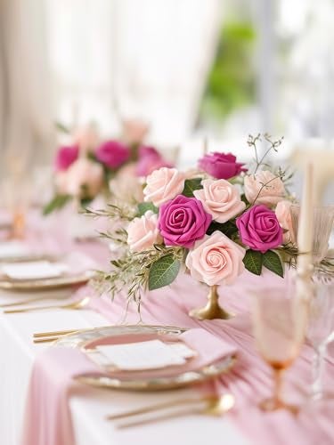 InnoGear Artificial Flowers, 50 Pcs Fuchsia Rose Foam Red-Violet Fake Roses Bulk with Stems for Decoration DIY Wedding Bouquets Centerpieces Bridal Shower Party Christmas Tree - Image 4