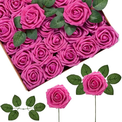 InnoGear Artificial Flowers, 50 Pcs Fuchsia Rose Foam Red-Violet Fake Roses Bulk with Stems for Decoration DIY Wedding Bouquets Centerpieces Bridal Shower Party Christmas Tree - Image 1