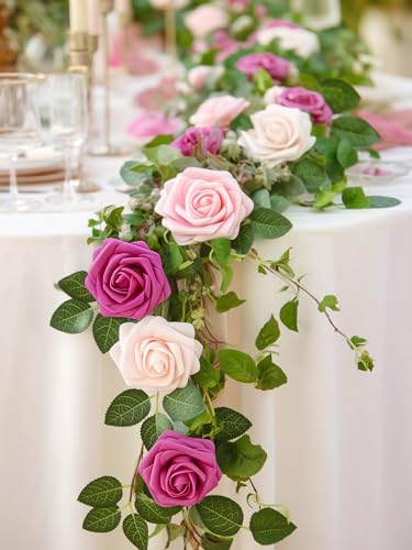 InnoGear Artificial Flowers, 50 Pcs Fuchsia Rose Foam Red-Violet Fake Roses Bulk with Stems for Decoration DIY Wedding Bouquets Centerpieces Bridal Shower Party Christmas Tree - Image 3