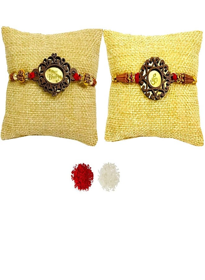 Evisha 2 Pcs Wood Carving Potli Packing Rakhi For Brother | Rakhi Combo Wood-2-4 | rakhi || rakhi set || rakhi for brother || rakhi for brother and bhabhi || rakhi combo || bhaiya bhabhi rakhi || rakhi gifts - Image 1