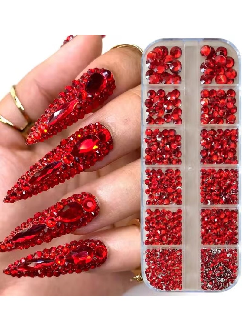هتك کركس 12grids أحمر الأظافر الأحجار الكريمة Rhinestones 2/3/4/5mm مسطحة الظهر الأظافر الكريستال الماس SS6/10/16/20/30 مختلطة الزجاج الفاخر Rhinestones سحر - Image 1