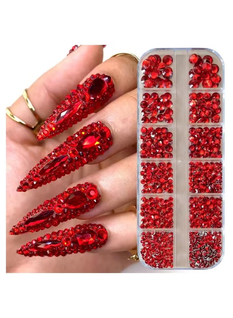 هتك کركس 12grids أحمر الأظافر الأحجار الكريمة Rhinestones 2/3/4/5mm مسطحة الظهر الأظافر الكريستال الماس SS6/10/16/20/30 مختلطة الزجاج الفاخر Rhinestones سحر - Image 2