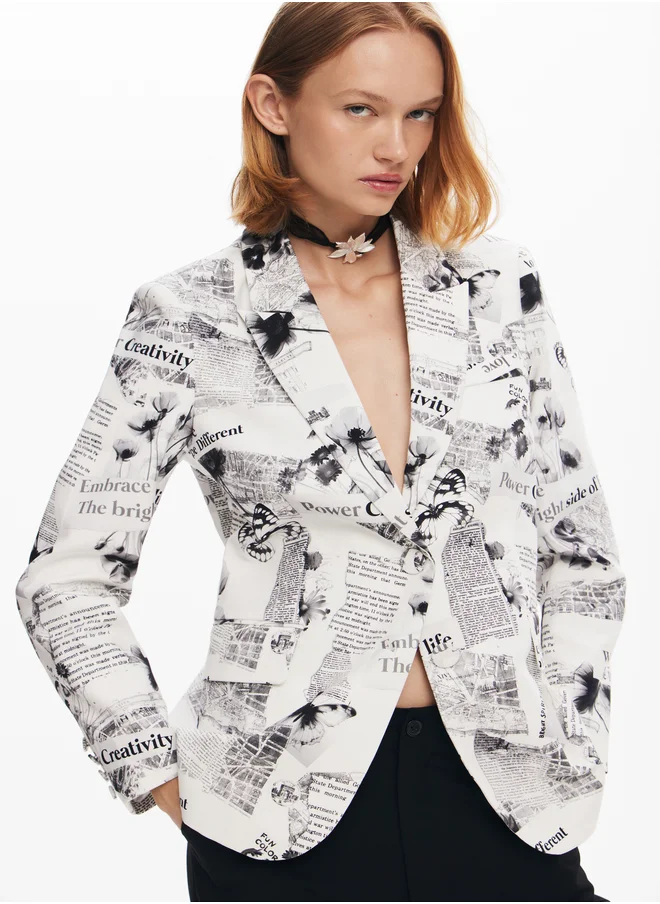 DESIGUAL Straight Blazer With Text And Flowers