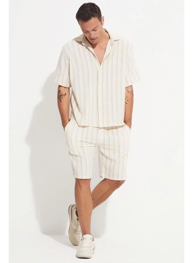 جون June Men Linen Look Short Sleeve Striped Shirt Ecru - Black