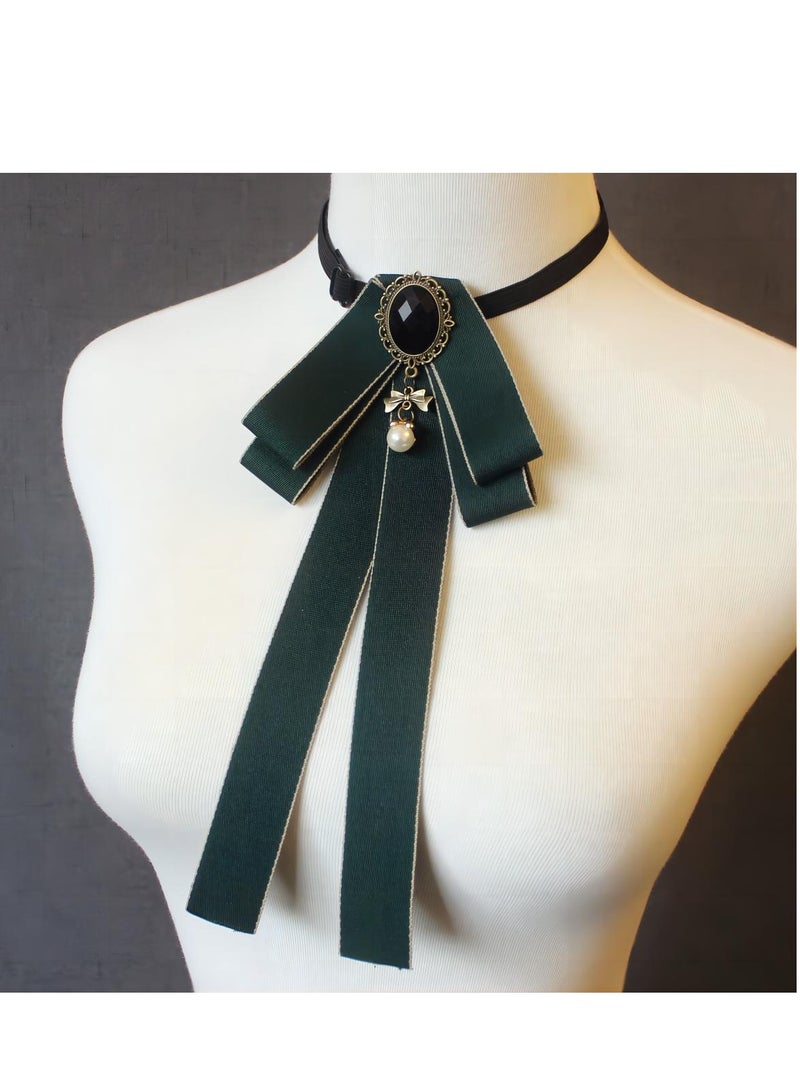 Bow Tie For Women, Pre-Tied Ribbon Tie Adjustable Neck Tie with Rhinestone for Collared Blouse Shirt Dress（dark green） - Image 2
