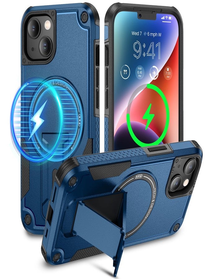 Caka جراب Caka لهاتف iPhone 13 و iPhone 14 [متوافق مع MagSafe] [حامل مدمج غير مرئي] جراب حماية مغناطيسي مقاوم للصدمات من الدرجة العسكرية لهاتف iPhone 14 و iPhone 13 - 6.1 بوصة (أزرق داكن) - Image 1