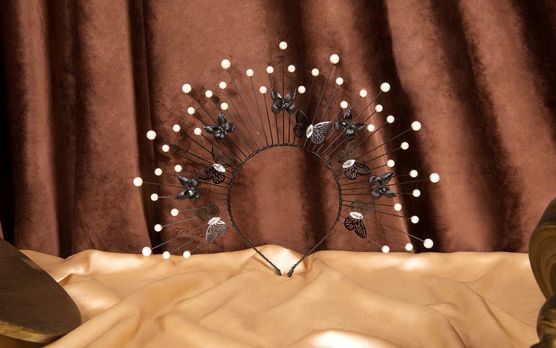 Fantherin Mary Angel Spiked Halo Crown Headband with Butterfly Sunburst Goddess Costume Halo Headpiece (Black) - Image 5