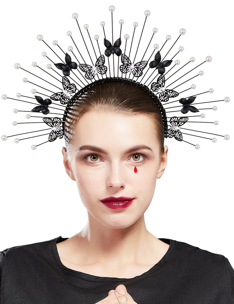 Fantherin Mary Angel Spiked Halo Crown Headband with Butterfly Sunburst Goddess Costume Halo Headpiece (Black) - Image 1