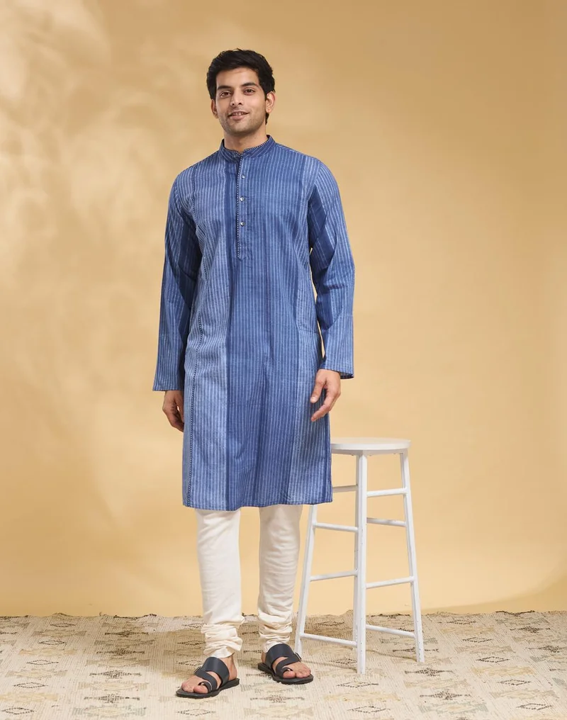 Fabindia Blue Cotton Shibori Slim Fit Long Kurta