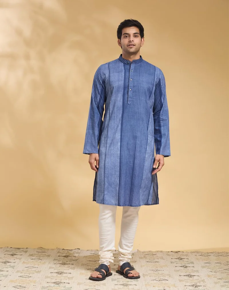 Fabindia Blue Cotton Shibori Slim Fit Long Kurta