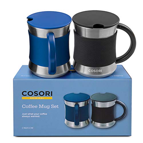 COSORI Coffee Mug with Lids Set of 2, Stainless Steel Cups with Heat-resistant Handle & Slip-resistant Sleeve, 17 oz, Best Match w/Mug Warmer, for Coffee,Tea,Water,Cocoa, Milk, C1601-CM, Black & Blue - Image 1