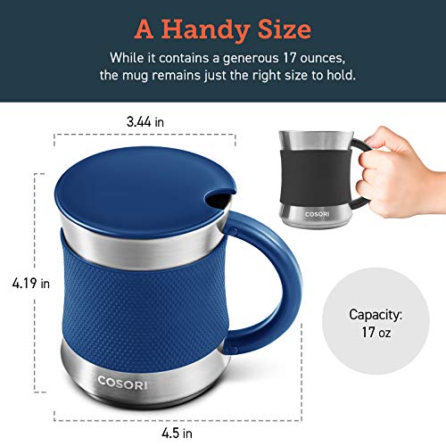 COSORI Coffee Mug with Lids Set of 2, Stainless Steel Cups with Heat-resistant Handle & Slip-resistant Sleeve, 17 oz, Best Match w/Mug Warmer, for Coffee,Tea,Water,Cocoa, Milk, C1601-CM, Black & Blue - Image 5