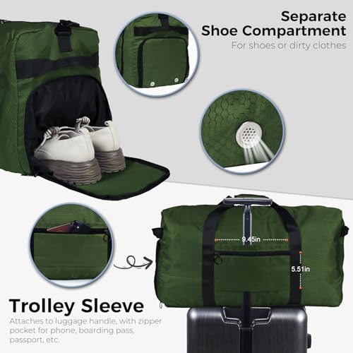 Fmeida 65L Duffle Bag with Shoes Compartment, Foldable Travel Duffel Bags for Men Women, Large Packable Travel Bag Water Repellent & Tear Resistant (Green) - Image 5