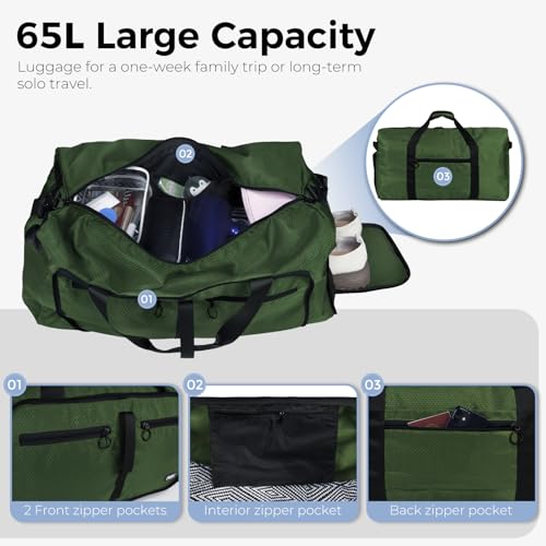 Fmeida 65L Duffle Bag with Shoes Compartment, Foldable Travel Duffel Bags for Men Women, Large Packable Travel Bag Water Repellent & Tear Resistant (Green) - Image 4