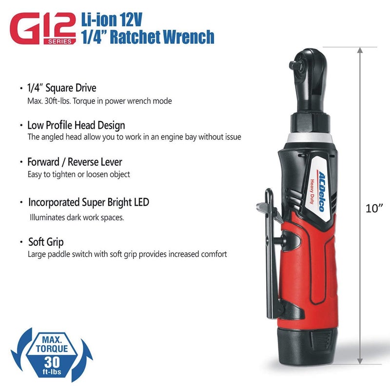 ACDelco Tools ACDelco ARW1207P G12 Series 12V Cordless Li-ion 1/4â€ 30 ft-lbs. Torque Ratchet Wrench Tool Kit, Red - Image 2