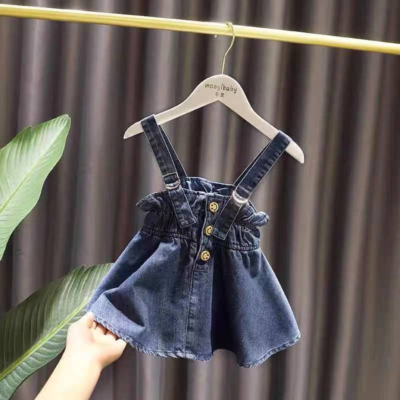 16-Year-Old Girl'S Fashionable Denim Suspender Skirt Shirt Two-Piece Suit Infant Baby Long-Sleeved Top Style - Image 4