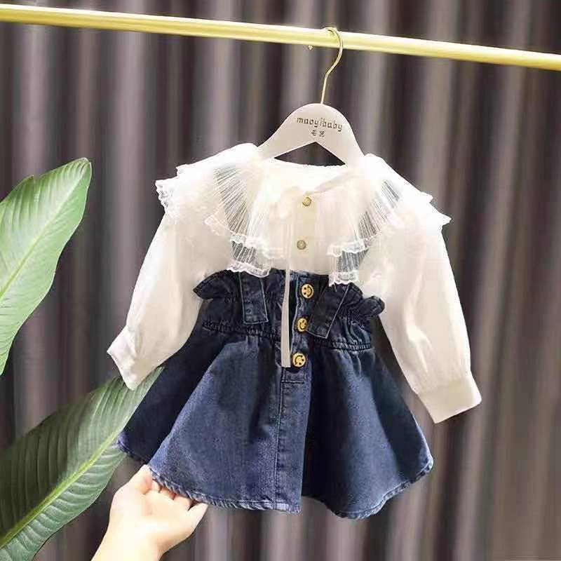 16-Year-Old Girl'S Fashionable Denim Suspender Skirt Shirt Two-Piece Suit Infant Baby Long-Sleeved Top Style - Image 2