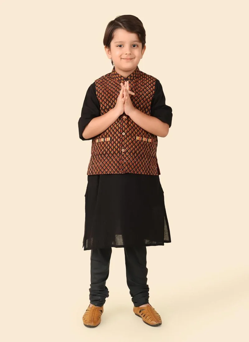 فاب انديا Black Cotton  Printed Jacket & Kurta