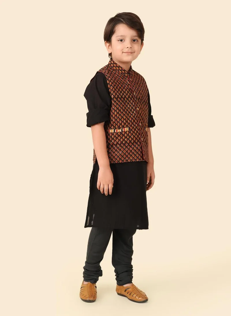 فاب انديا Black Cotton  Printed Jacket & Kurta