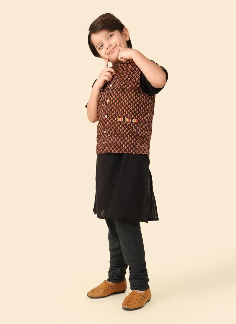 فاب انديا Black Cotton  Printed Jacket & Kurta