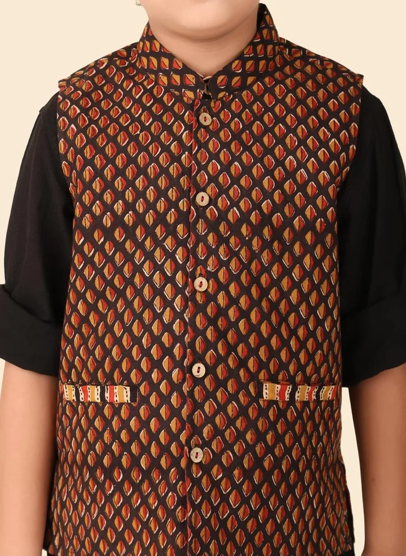 فاب انديا Black Cotton  Printed Jacket & Kurta