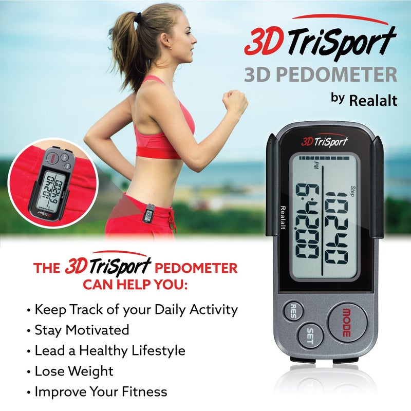 Realalt 3DTriSport Walking 3D Pedometer with Clip and Strap, Free eBook | 30 Days Memory, Accurate Step Counter, Walking Distance Miles/Km, Calorie Counter (Grey, 3" L x 1.3" W x 0.4" H) - Image 3