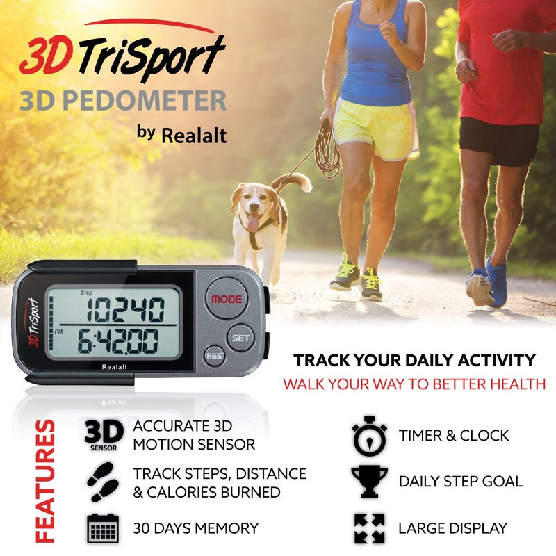 Realalt 3DTriSport Walking 3D Pedometer with Clip and Strap, Free eBook | 30 Days Memory, Accurate Step Counter, Walking Distance Miles/Km, Calorie Counter (Grey, 3" L x 1.3" W x 0.4" H) - Image 2