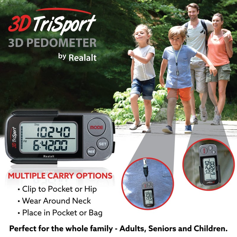 Realalt 3DTriSport Walking 3D Pedometer with Clip and Strap, Free eBook | 30 Days Memory, Accurate Step Counter, Walking Distance Miles/Km, Calorie Counter (Grey, 3" L x 1.3" W x 0.4" H) - Image 5