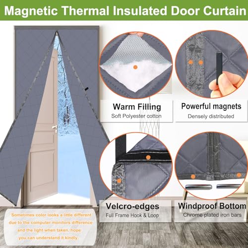 Risareyi Magnetic Thermal Insulated Door Curtain 33x77inch, Grey Oxford Filling with Thicker Polyester, Patio Door Insulation for Winter Cold Protection, Doorway Cover - Image 3