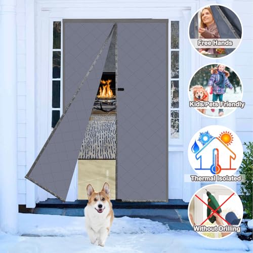 Risareyi Magnetic Thermal Insulated Door Curtain 33x77inch, Grey Oxford Filling with Thicker Polyester, Patio Door Insulation for Winter Cold Protection, Doorway Cover - Image 2