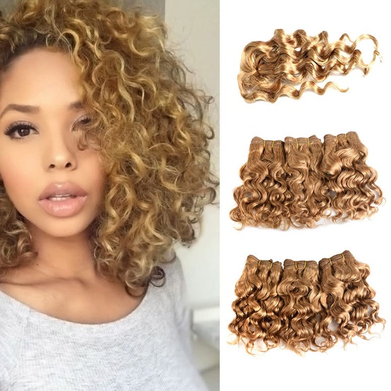 VIOLET Natural Brazilian Dark Blonde Human Hair Extensions Short Curly Hair Bundles 27# Golden Virgin Human Hair Bundles Deep Curly Weave - Image 1