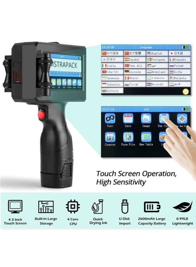 Demin Handheld Inkjet Printer, 12.7mm Portable Handheld Inkjet Printer with 4.3-inch Touch Screen, Fast-Drying Ink, for Logo/Image/Production Date/Number/Batch/QR Code/Barcode, Supports 25 Languages - Image 2