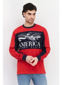 Men Crew Neck Long Sleeves Brand Logo T-Shirt, Red
