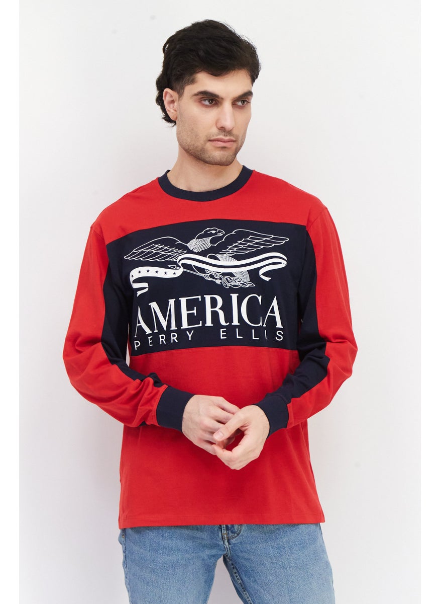 PERRY ELLIS - Men Crew Neck Long Sleeves Brand Logo T-Shirt, Red - Image 1