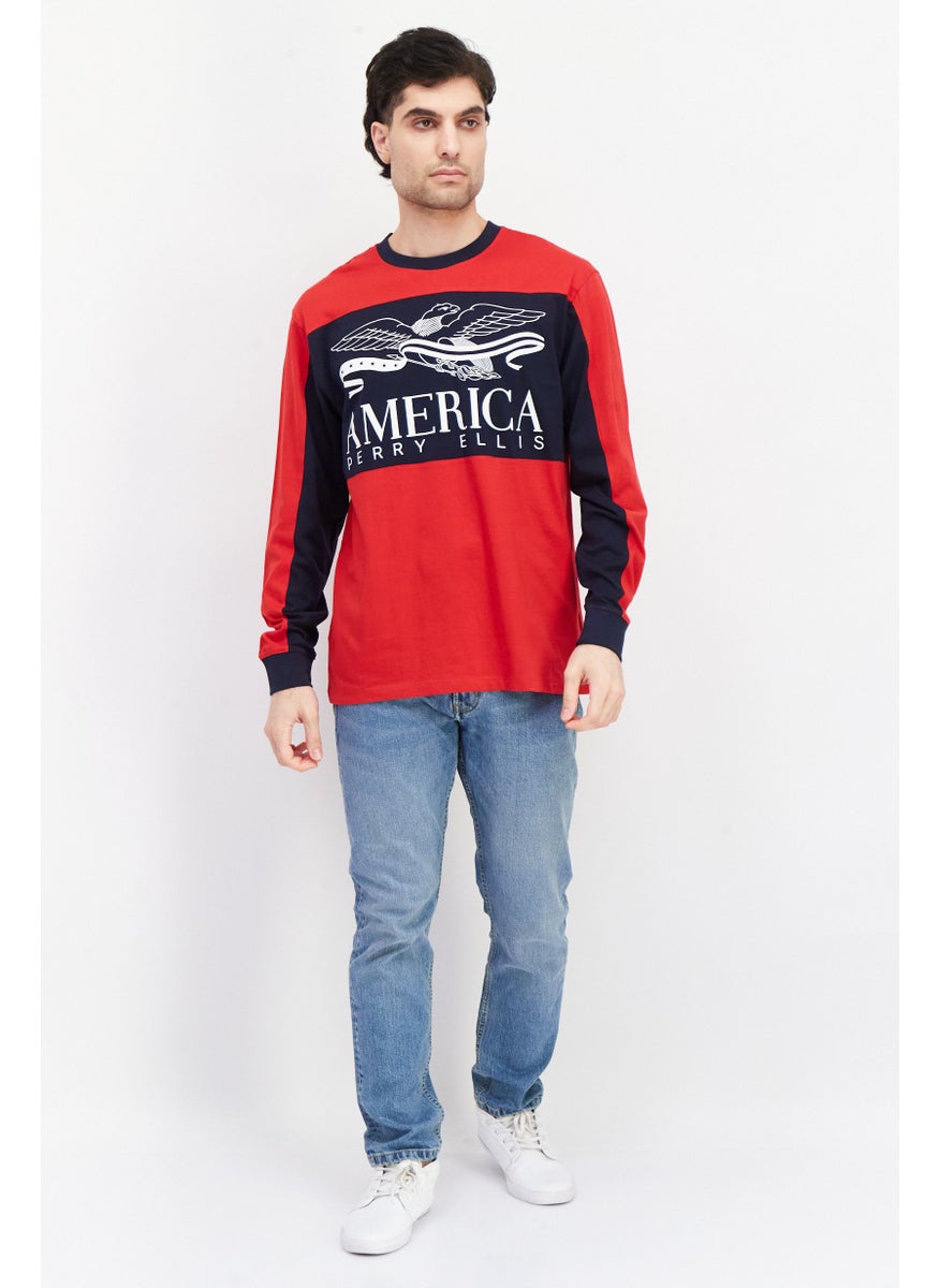 PERRY ELLIS - Men Crew Neck Long Sleeves Brand Logo T-Shirt, Red - Image 1