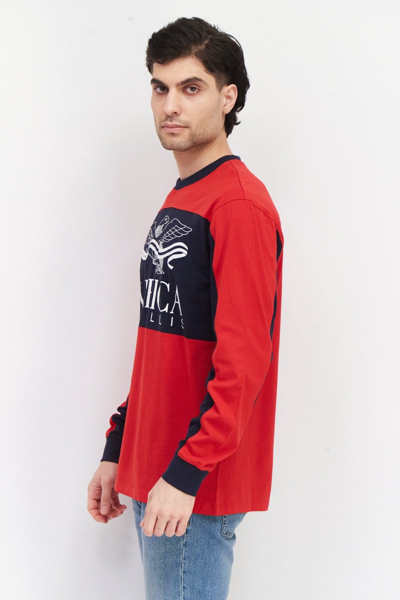 PERRY ELLIS تي شيرت رجالي بأكمام طويلة وياقة دائرية بشعار العلامة التجارية، أحمر - Image 2