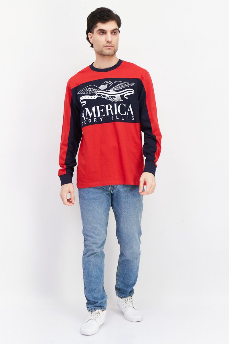 PERRY ELLIS تي شيرت رجالي بأكمام طويلة وياقة دائرية بشعار العلامة التجارية، أحمر - Image 4