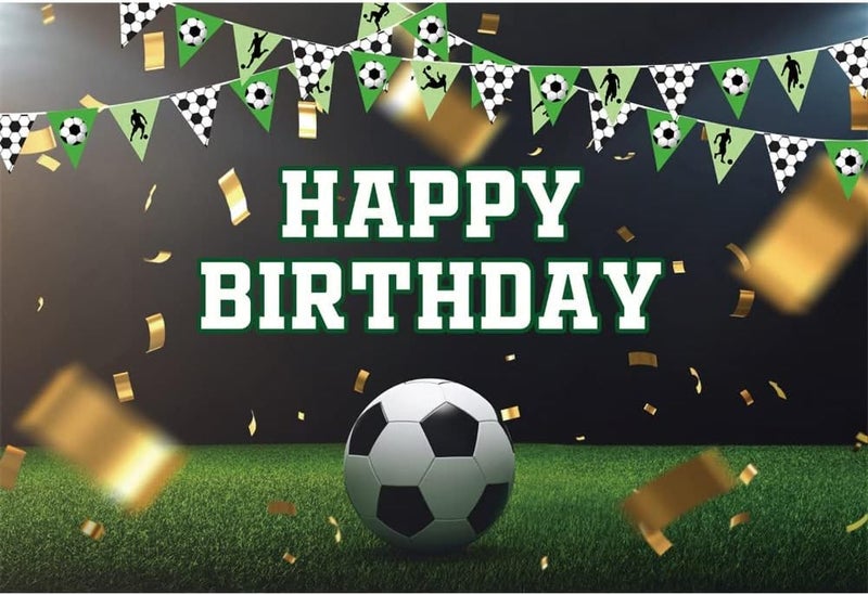 Renaiss 7x5ft Soccer Birthday Backdrop Football Stadium Gold Ribbon Green Grass Flags Photography Background for Kids Boys Newborn Baby Shower Happy Birthday Party Decor Portrait Wallpaper Banner - Image 1