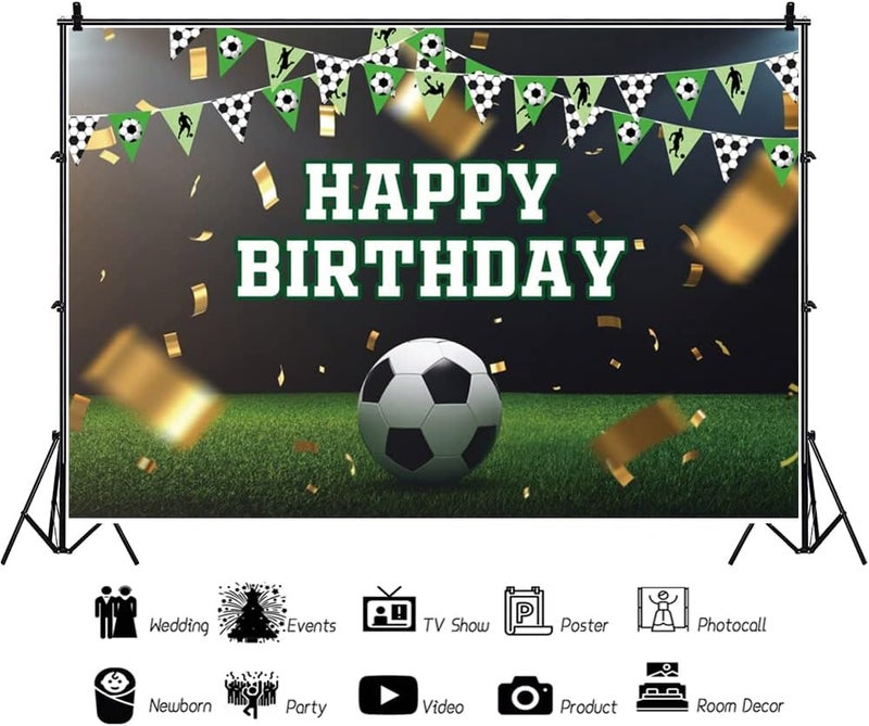 Renaiss 7x5ft Soccer Birthday Backdrop Football Stadium Gold Ribbon Green Grass Flags Photography Background for Kids Boys Newborn Baby Shower Happy Birthday Party Decor Portrait Wallpaper Banner - Image 4