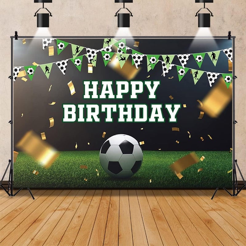 Renaiss 7x5ft Soccer Birthday Backdrop Football Stadium Gold Ribbon Green Grass Flags Photography Background for Kids Boys Newborn Baby Shower Happy Birthday Party Decor Portrait Wallpaper Banner - Image 2