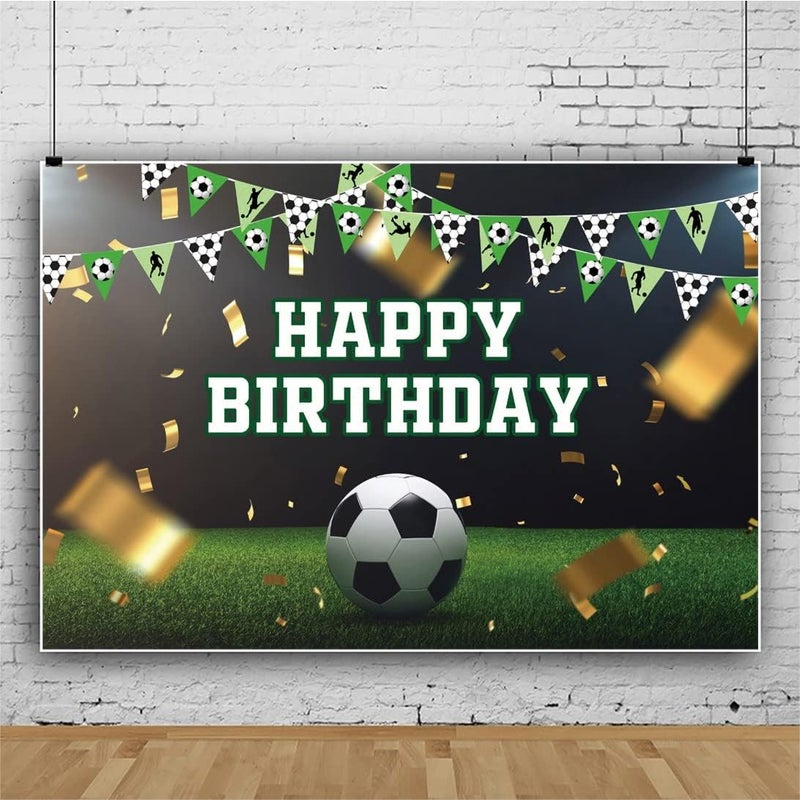 Renaiss 7x5ft Soccer Birthday Backdrop Football Stadium Gold Ribbon Green Grass Flags Photography Background for Kids Boys Newborn Baby Shower Happy Birthday Party Decor Portrait Wallpaper Banner - Image 3