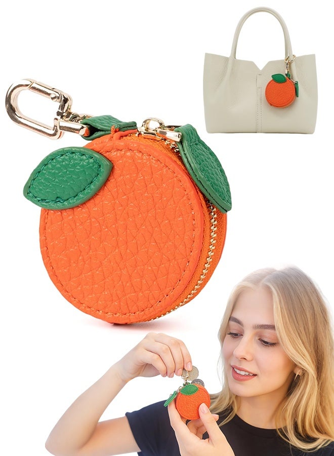 Cute Orange Fruit Mini Leather Coin Purse Bag Charm, Kawaii Keychain Change Pouch for Handbag Tote Wallet, Girls & Women - Image 1