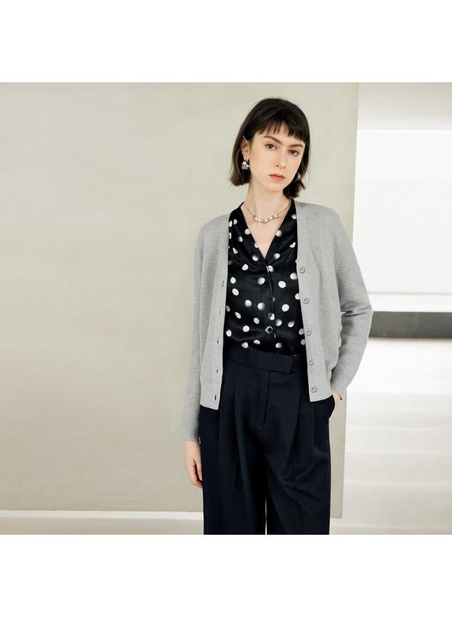 Yanyee Waffle Knit Long Sleeve V-neck Cardigan Women Autumn Simple Outerwear Elegant Top Gray S/36 - Image 2