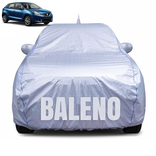 CABIUS 100% Waterproof Car Body Cover for Maruti Suzuki Baleno (2015-2021) with Mirror Pocket, Heat & UV Resistant, Triple Stitched, Soft Lining, Bottom Elastic & Piping (Silver Reflective) - Image 1