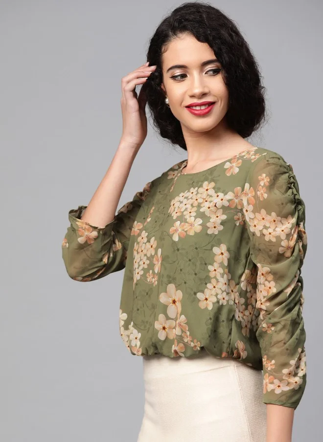 ساسافراس Olive Green Floral Blouson Top for Women